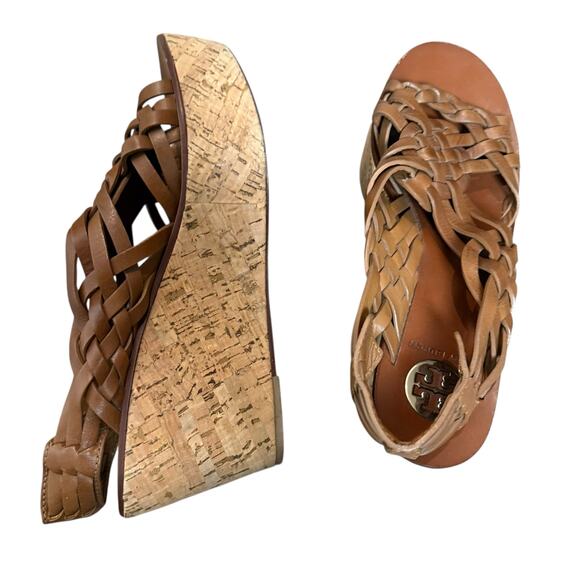 Tory Burch Killian Brown Leather Strappy Woven Cork Platform Wedge Sandals 9.5 - Picture 7 of 10